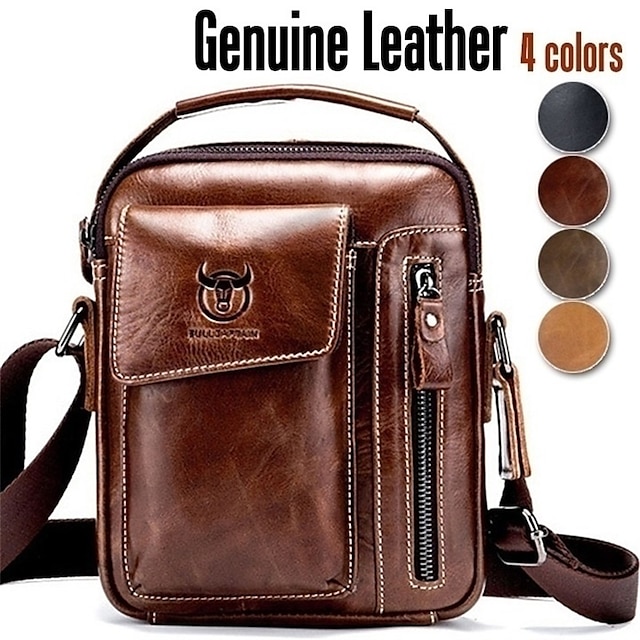  Bullcaptain Genuine Leather Business Messenger Bag Vintage Crossbody Bag For Men
