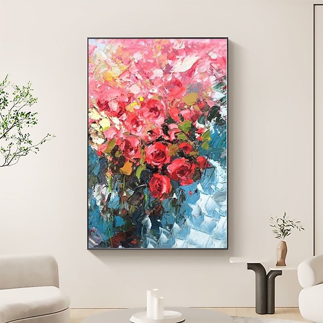  handgjord oljemålning canvasvägg konst dekoration abstrakt kniv målning blomma röd för heminredning rullad ramlös osträckt målning