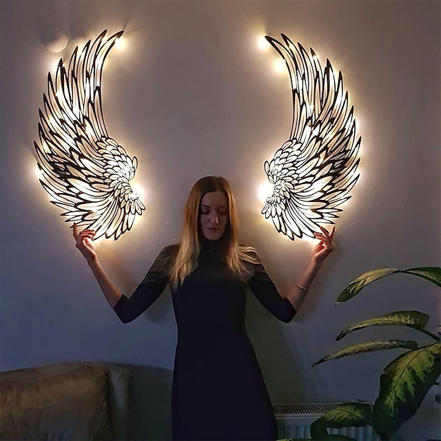  decor de artă de perete cu aripi de înger cu lumini, metal 3d aripi de înger sculptură de perete artă de interior agățat de perete în aer liber pentru acasă dormitor sufragerie grădină birou