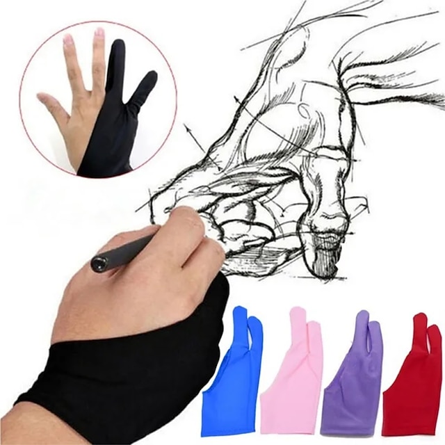  2 Stück professioneller Künstler, der Zwei-Finger-Antifouling-Handschuh für das Grafiktablett-Lichtpad zeichnet (schwarz, blau, rot, lila, rosa)