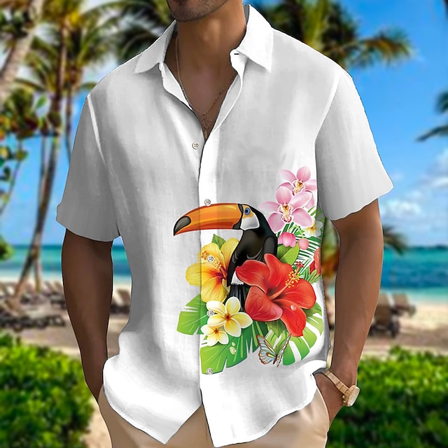 Patchwork Tropical Bird Print Men's Short Sleeve Shirt