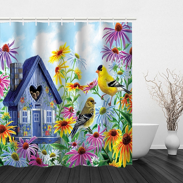  cortina de chuveiro com ganchos flores e pássaros estilo decoração do banheiro tecido à prova d' água cortina de chuveiro conjunto com 12 ganchos de plástico pacote