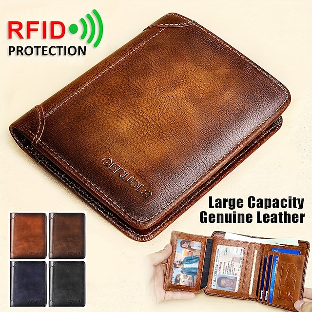 Men's Wallet Credit Card Holder Wallet Cowhide Shopping Daily Zipper Large Capacity Foldable Durable Solid Color Black Blue Brown