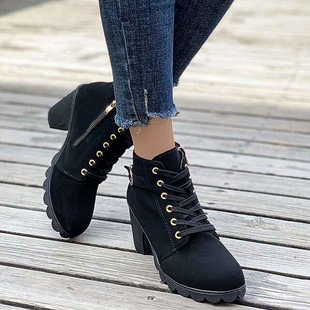 Women's Black Chunky Heel Ankle Boots with LaceUp Design Trendy and