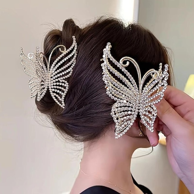  Pinzas para el pelo con cristales de mariposa, pinzas para el pelo de metal dorado con diamantes de imitación y perlas, pinzas para la mandíbula con gemas grandes, sujeción fuerte, pasadores