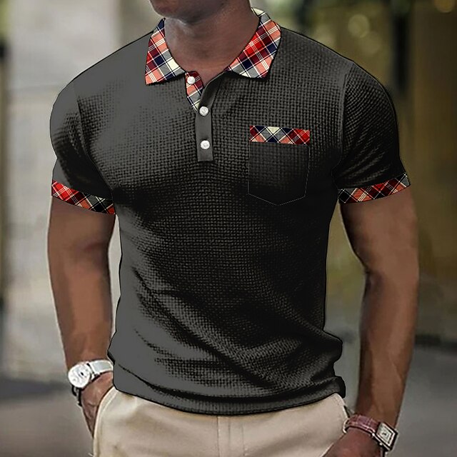 Men's Waffle Polo Shirt Button Up Polos Lapel Polo Polo Shirt Golf