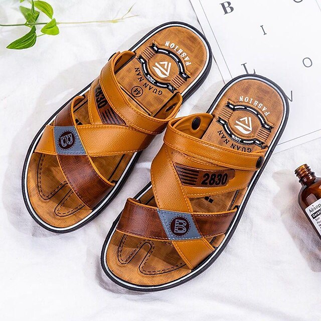  Men's Sandals Outdoor Slippers Walking Vintage Casual Outdoor Beach Faux Leather Breathable Comfortable Slip Resistant Buckle Black Brown Summer Spring