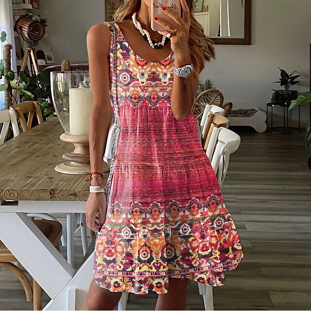 Women's Sundress Tank Dress Graphic Print Ruched U Neck Midi Dress ...