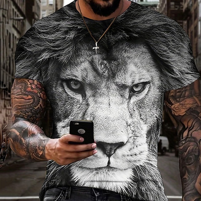  Lion Casual Mens 3D Shirt | Black Summer Cotton | King Tee Graphic Animal Crew Neck Clothing Apparel 3D Print Outdoor Daily Short Sleeve Fashion Designer Vintage Dark