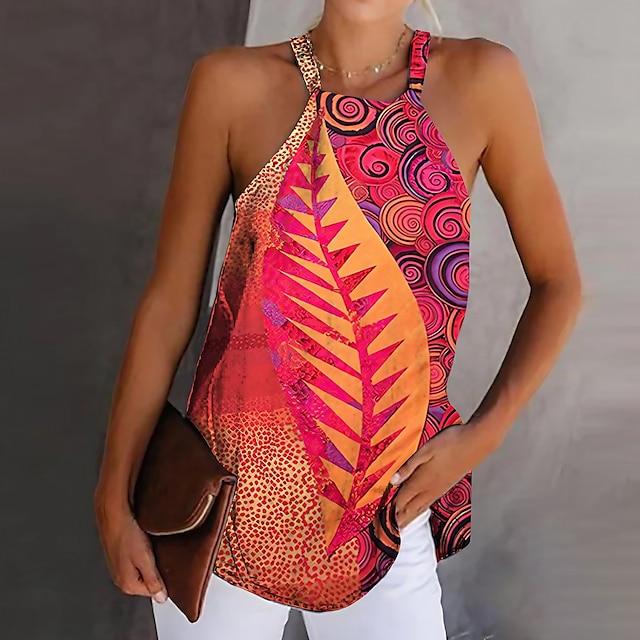  Top pentru femei cămașă cu bretele boho cu imprimeu roșu de frunze cu gât halter fără mâneci etnic vară elegant casual cămașă cu bretele