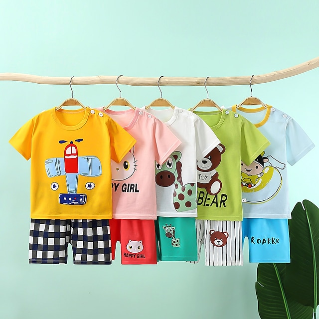  2 Pieces Kids Boys T-shirt & Shorts Outfit Animal Cartoon Short Sleeve Crewneck Cotton Set Casual Fashion Daily Summer Spring 3-7 Years