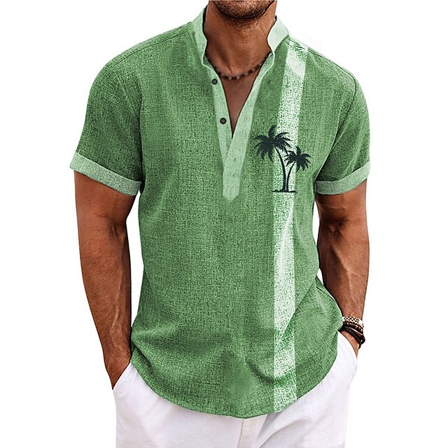 Men's Linen Shirt Coconut Tree Striped Graphic Prints Stand Collar ...