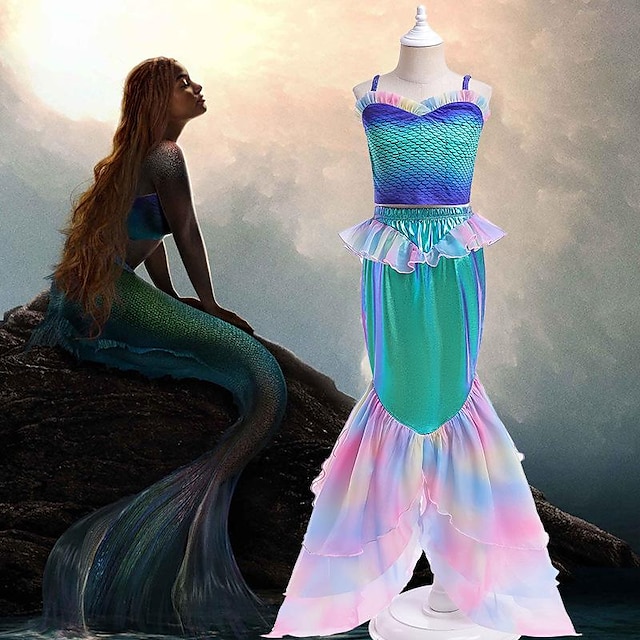  בת הים הקטנה נסיכות אריאל בגדי ים 2חלקים בנות תחפושות משחק של דמויות מסרטים כחול וורוד האלווין (ליל כל הקדושים) קרנבל יום הילד עליון שמלה
