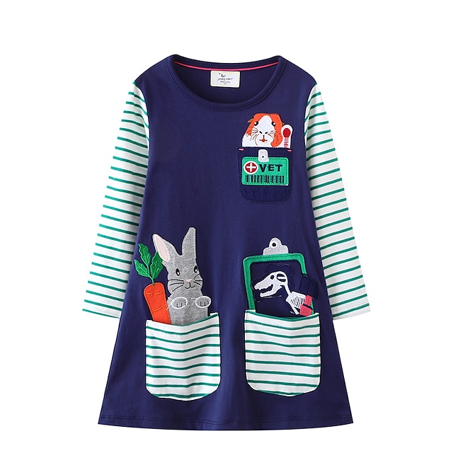  Kids Girls' Dress Sweater Dress Rabbit Dinosaur Stripe Long Sleeve Outdoor Pocket Cute Streetwear Daily Cotton Midi Knit Dress Casual Dress Spring Fall 3-7 Years Navy Blue