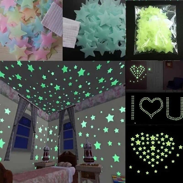  100 de bucăți autocolante de perete cu stea luminoase, mini pentagramă care strălucește în întuneric decor fluorescent pentru perete de tavan, pentru decorarea camerei dormitorului acasă 3cm (1.18in)
