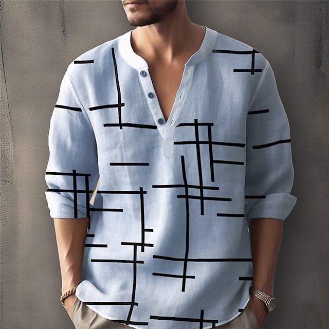  Herre Geometrisk mønster Geometri Skjorte Linned skjorte Button Up skjorte Langærmet Mode Gade Designer Gade Daglig Sommer Forår Efterår Høj krave Trykt mønster Hvid Lyserød Blå Lilla Grøn