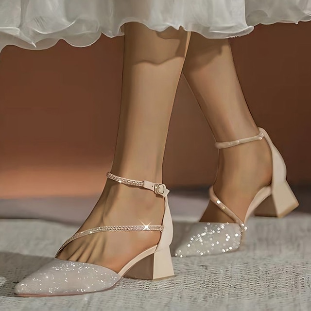  kvinders bryllup sko pumps elegant mode daglig sandaler bryllup fest brudepige sko ensfarvet rhinestone bling blok chunky hæl spidse tå sko forår sommer valentines gaver