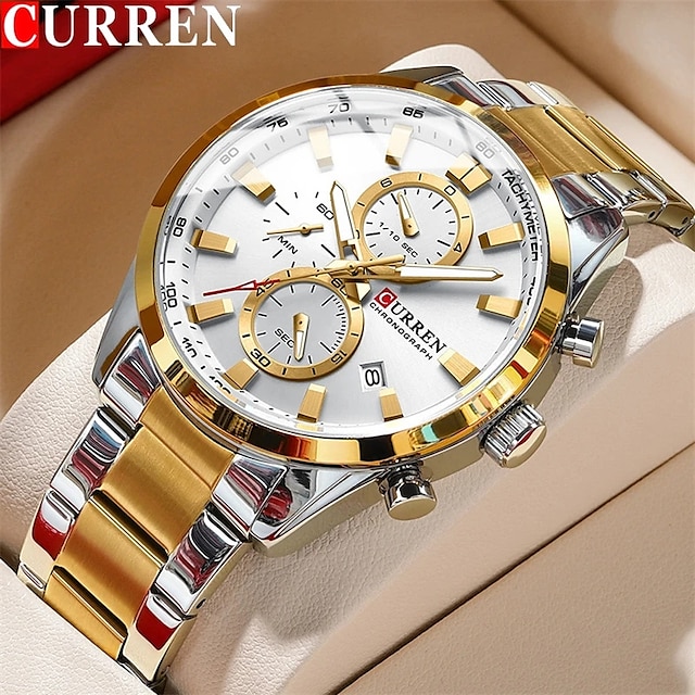  CURREN Fashion Mens Quartz Watches Luxury Chrono Sport Watch Men Quartz Calendar Stainless Steel Bracelet Waterproof Multifunction Wristwatch Male Clock
