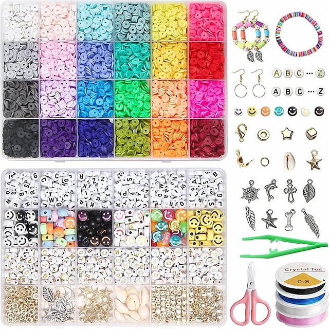  7200-teiliges Tonperlen-Armbandherstellungsset, 24 Farben flache runde Polymer-Tonperlen mit Buchstabenperlen, Gesichtsperlen und Anhängeranhängern für die Schmuckherstellung, Heishi-Perlen für Halsketten-Ohrring-DIY-Bastelarbeiten
