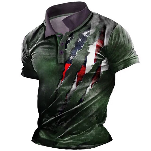  Men's American Flag Patriotic Polo Shirts Golf Shirt Short Sleeve Polo Shirts Collared Shirts Casual Streetwear Vacation Wear Party Outfits Buttons 3D Print Red Green Dark Gray