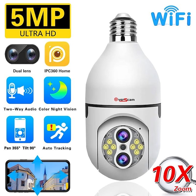  4 MP 10-fach Zoom-Glühbirnen-Überwachungskamera – drahtlose IP-Kamera von Sovmiku mit 360° PTZ-Panoramablick, Vollfarb-Nachtsicht, Zwei-Wege-Audio & Bewegungserkennungsalarm