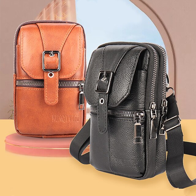 Men Genuine Leather Multi-pocket Crossbody Bags Large Capacity Retro 6.5 Inch Phone Bag Briefcase Shoulder Bag Handbag