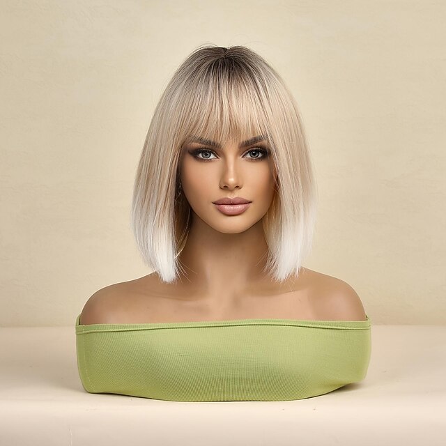 Short Bob Blonde Wig With Bangs, Ombre Dark Root Blonde Wigs For Women3