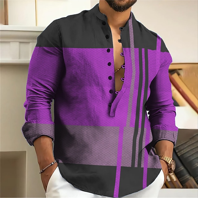  Herr Randig Geometriska mönster Geometri Skjorta Knapp upp skjorta Långärmad Mode Streetwear Designer Utomhus Ledigt Dagligen Sommar Vår Höst Hög krage Mönster Gul Blå Purpur Grå