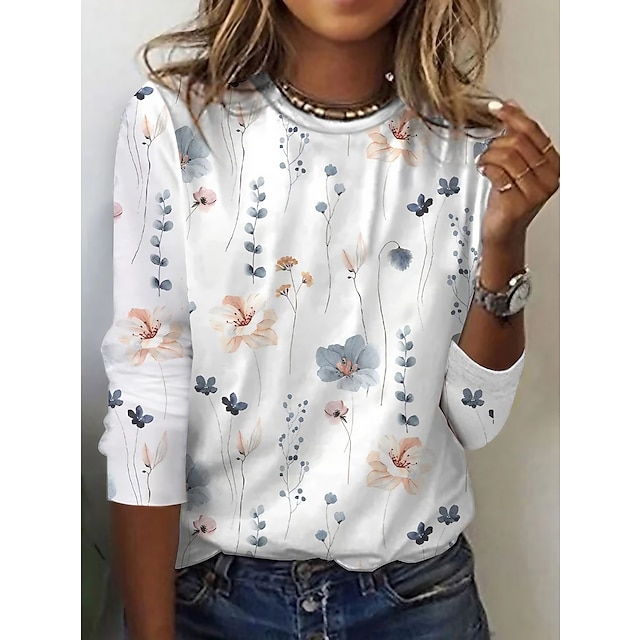  Women's T shirt Tee Floral Print Holiday Weekend Basic Long Sleeve Round Neck White Fall & Winter