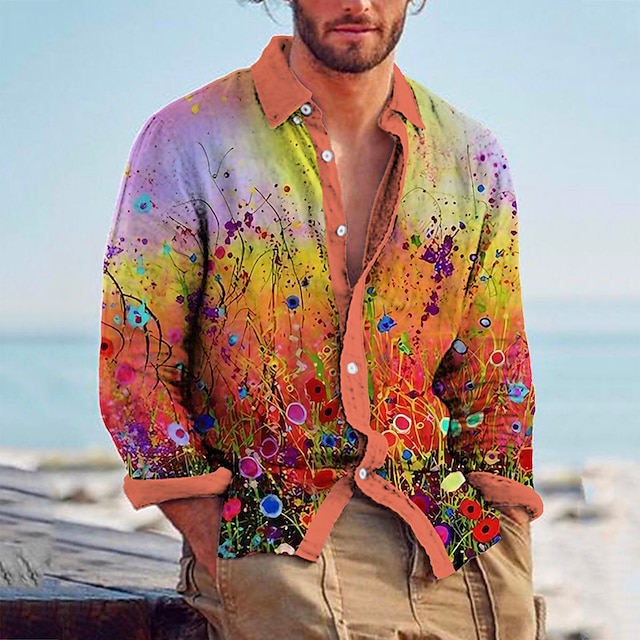  Bărbați Floral Cămașă Camașă cu nasturi Manșon Lung Modă Șic Stradă Designer În aer liber Casual Zilnic Vară Primăvară Toamnă Răsfrânt Imprimeu Albastru piscină Portocaliu