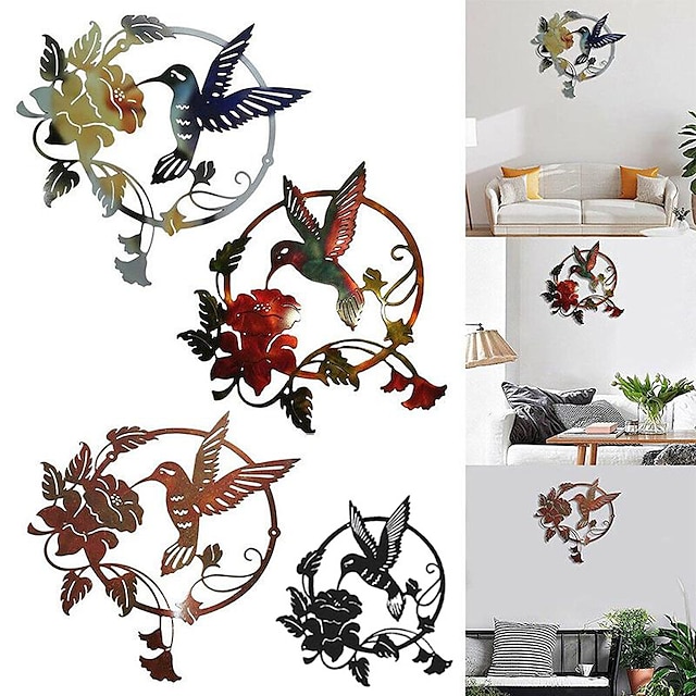 metall fugl kunst dekorasjon stue kolibri blomster utendørs metall rund vegg anheng dekorasjon