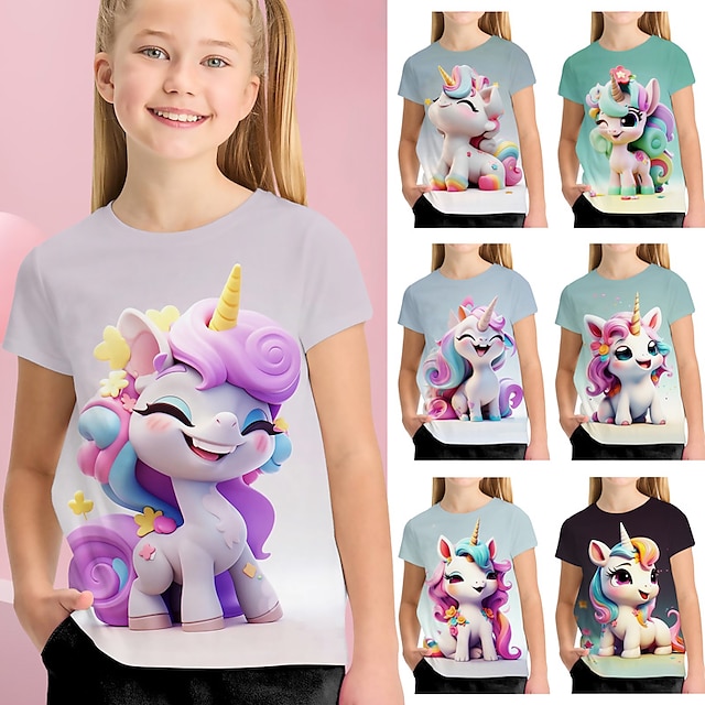  Girls' 3D Graphic Cartoon Unicorn T shirt Tee Short Sleeve 3D Print Summer Spring Active Fashion Cute Polyester Kids 3-12 Years Outdoor Casual Daily Regular Fit