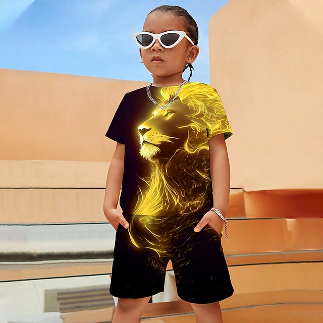  Fiú 3D Grafika Állat Oroszlán Póló és rövidnadrágok Pólószett Ruházat szett Rövid ujjú 3D nyomatok Nyár Tavasz Aktív Sportok Divat Poliészter Gyerekek 3-13 év Szabadtéri Utca Vakáció Normál