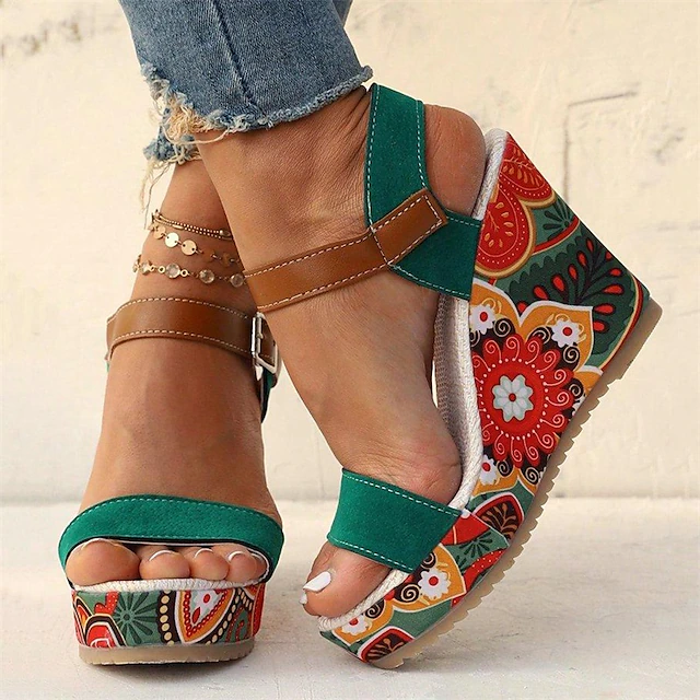 Women's Boho Floral Wedge Sandals – Open-Toe Platform Design with Adjustable Straps for Casual Summer Outfits 23