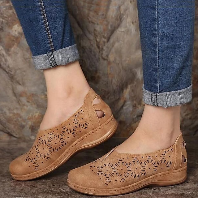  Pentru femei Pantofi Flați Slip-On-uri Sandale Platformă Tocuri de toc Mărime Plus Size Zilnic Mers Culoare solidă Cu Găuri Elimina Vară Toc Drept Vârf rotund Epocă Casual Confortabili Imitație Piele