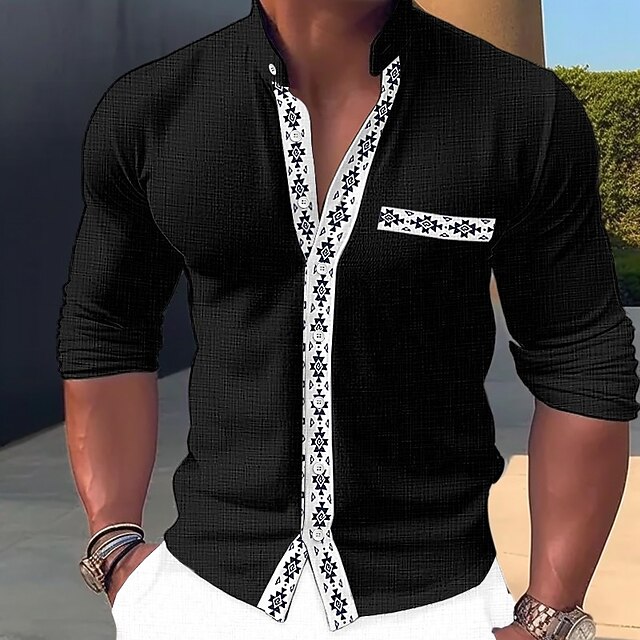 Men's Shirt Linen Shirt Band Collar Shirt Summer Shirt Beach Wear Casual Shirt Color Block Casual Daily Black White Blue Long Sleeve Standing Collar Spring & Summer Clothing Apparel4