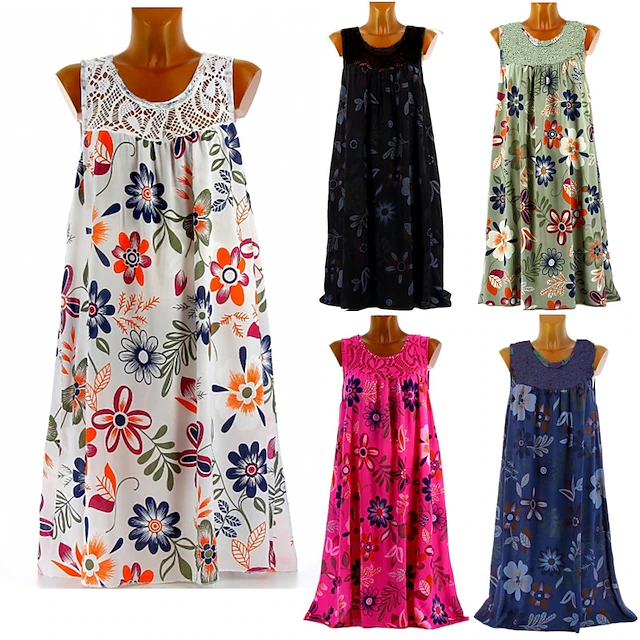 Women's Shift Dress Knee Length Dress White Black Army Green Fuchsia Navy Blue Sleeveless Floral Print Spring Summer Round Neck Hot Casual Boho Loose 2023 M L XL XXL 3XL 4XL 5XL 11