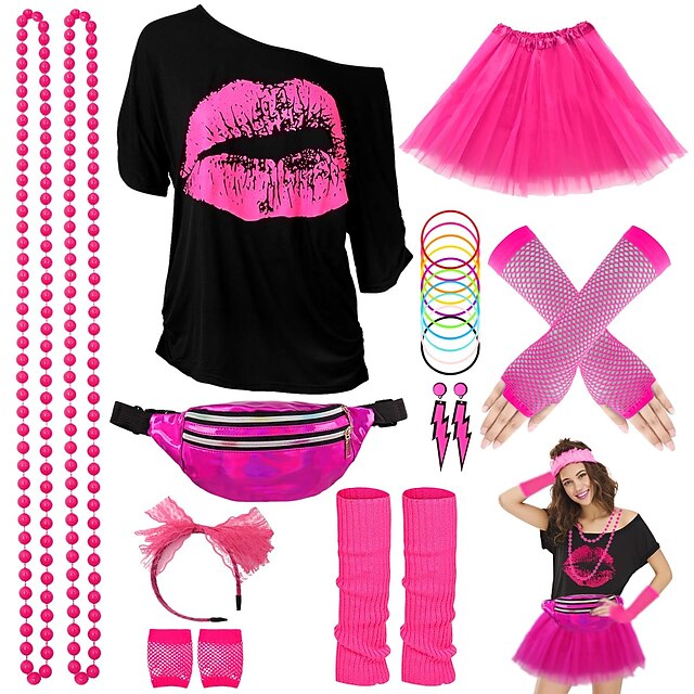 80s Costume Accessories for Women 1980s T-Shirt Tutu Fanny Pack Headband Earring Necklace Fishnet Gloves Legwarmers 19