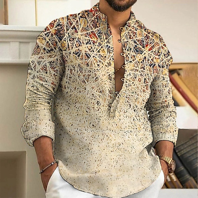  Herr Geometri Etnisk Skjorta Knapp upp skjorta Långärmad Mode Streetwear Designer Utomhus Ledigt Dagligen Sommar Vår Höst Hög krage Mönster Gul Rodnande Rosa Blå Brun Grön