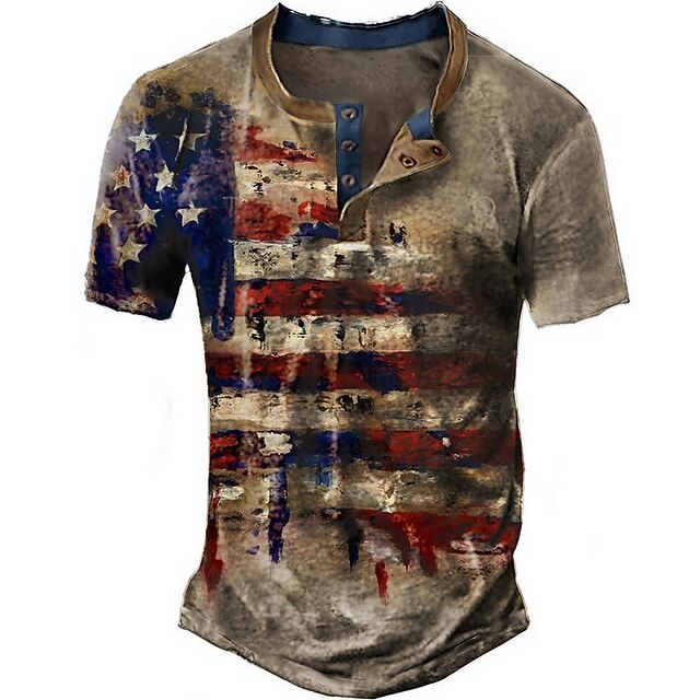 Independence Day American Flag T-Shirt Mens Graphic Henley National Clothing Apparel 3D Print Outdoor Daily Short Sleeve Button Down Fashion Designer Comfortable Vintage 4Th Of July Brown Cotton Butto2