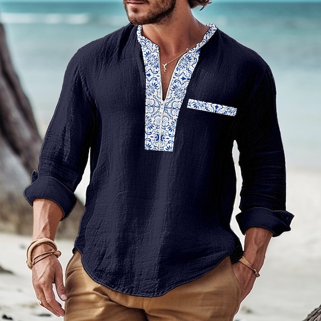  Herren Hemd Lässiges Hemd Sommerhemd Strandhemd Weiß Rosa Marineblau Blau Grau Langarm Patchwork Troyer Halber Reißverschluss Täglich Urlaub Vordertasche Bekleidung Modisch Brautkleider schlicht