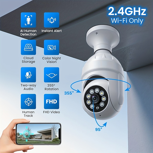  A6 Light Bulb Camera HD Full Color Night Vision Security Surveillance Camera 360 Degree Wireless Wifi Camera E27 Light Bulb Security Camera Human Detection and Human Track
