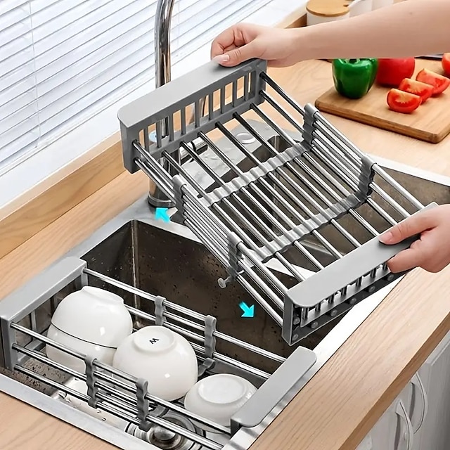  Retractable Dish Drying Rack Stainless Steel, Expandable Kitchen Strainer Drain Draining Basket Over the Sink Adjustable Armrest, Washing Bowl Shelf for Vegetable and Fruit