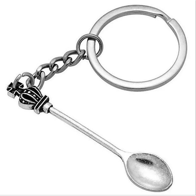  breloc de chei cu coroană metalică amuzantă, de epocă, de culoare argintie, linguriță de ceai, pandantiv lung, accesorii pentru geantă, bijuterii