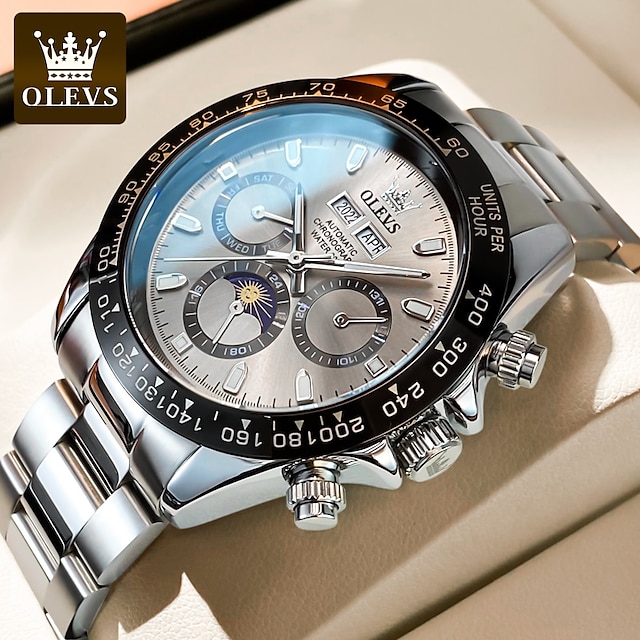  Olevs, relojes automáticos para hombre, bisel plateado, acero inoxidable, vestido de lujo, fase lunar mecánica, relojes de pulsera impermeables para hombre, fecha múltiple