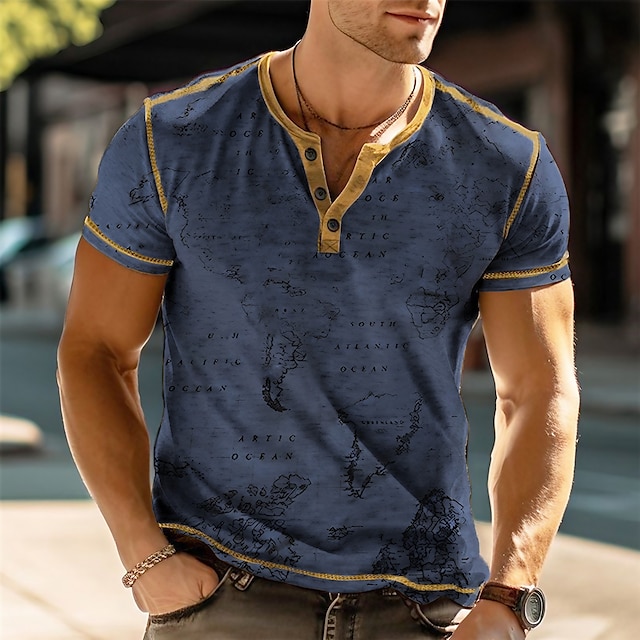 男性用 ヘンリーシャツ グラフィック マップ ヘンリー 衣類 3Dプリント アウトドア 日常 半袖 プリント ボタンダウン ファッション デザイナー 快適