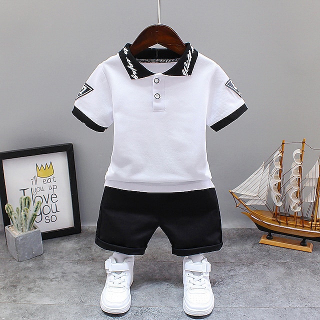  2 Pieces Toddler Boys T-shirt & Shorts Outfit Bear Stripe Letter Short Sleeve Cotton Set Outdoor Fashion Cool Daily Summer Spring 3-7 Years Short Sleeve Suit Lapel Letter White Short Sleeve Suit