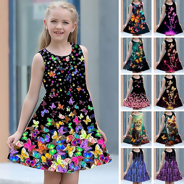  Girls' 3D Graphic Butterfly Dress Sleeveless 3D Print Summer Spring Sports & Outdoor Daily Holiday Cute Casual Sweet Kids 3-12 Years Casual Dress A Line Dress Tank Dress Above Knee Polyester Regular