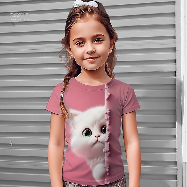  Девочки 3D Графика Мультипликация Кот Футболка С короткими рукавами 3D печать Лето Весна Активный Мода Симпатичные Стиль Полиэстер Дети 3-12 лет на открытом воздухе Повседневные Стандартный