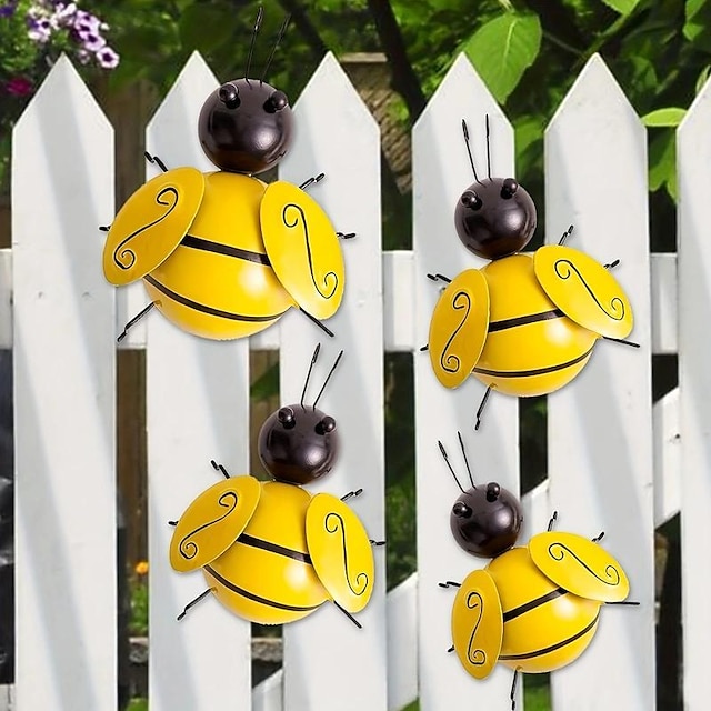  4pcs Bumble Bee Metal Wall Art Crafts Ant Metal Sculpture Garden Ant Decor, Wall Hanging Decor, Garden Lawn Decor, Indoor Decor, Outdoor Colorful Decor, Cute Insect Sculpture, Yard Decor
